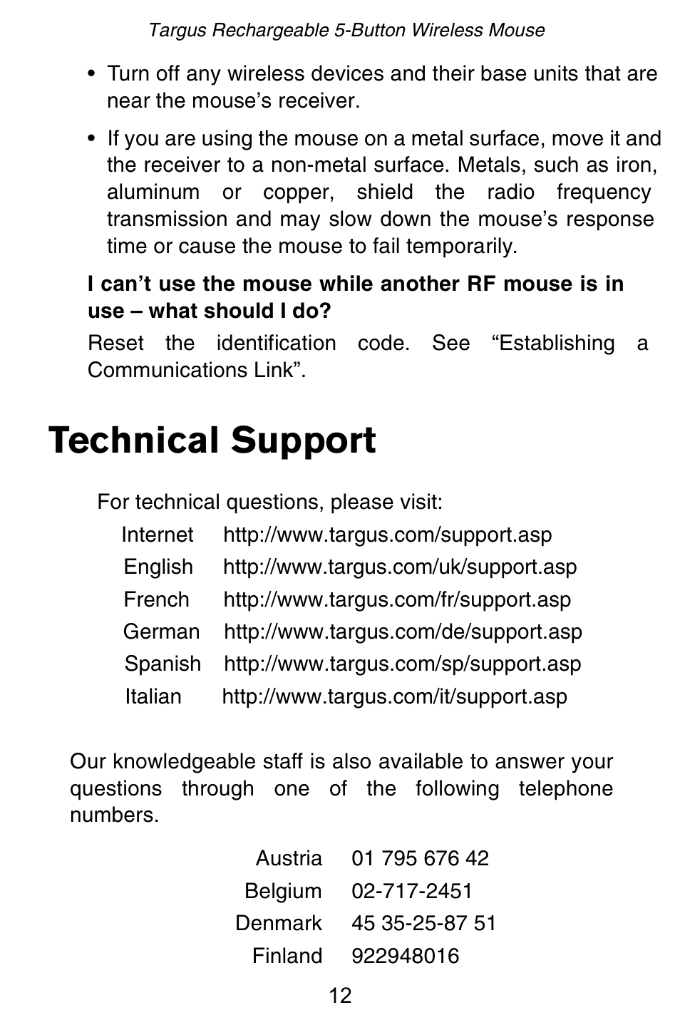 Technical support | Targus Rechargeable 5-Button Wireless Mouse User Manual | Page 12 / 99
