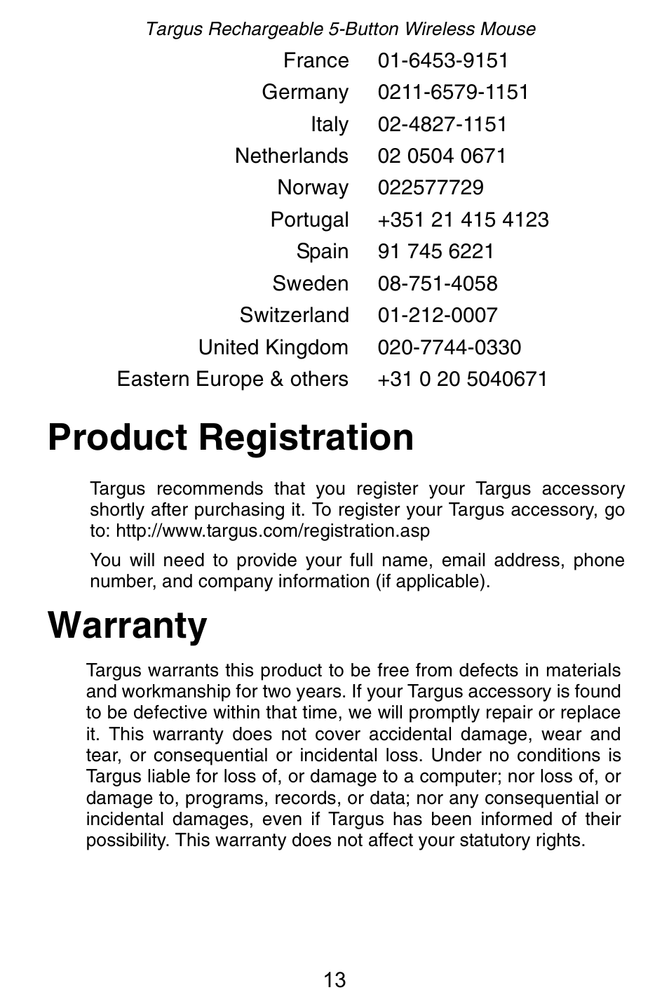 Product registration warranty | Targus Rechargeable 5-Button Wireless Mouse User Manual | Page 13 / 99