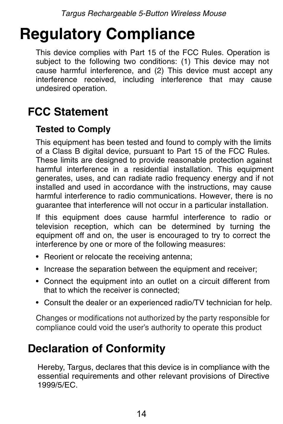 Regulatory compliance, Fcc statement, Declaration of conformity | Targus Rechargeable 5-Button Wireless Mouse User Manual | Page 14 / 99