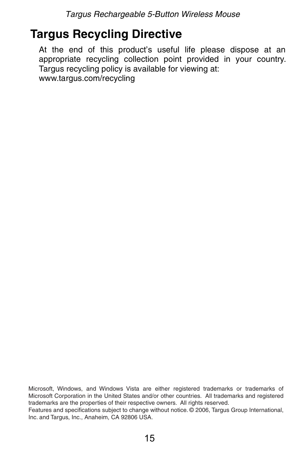Targus recycling directive | Targus Rechargeable 5-Button Wireless Mouse User Manual | Page 15 / 99