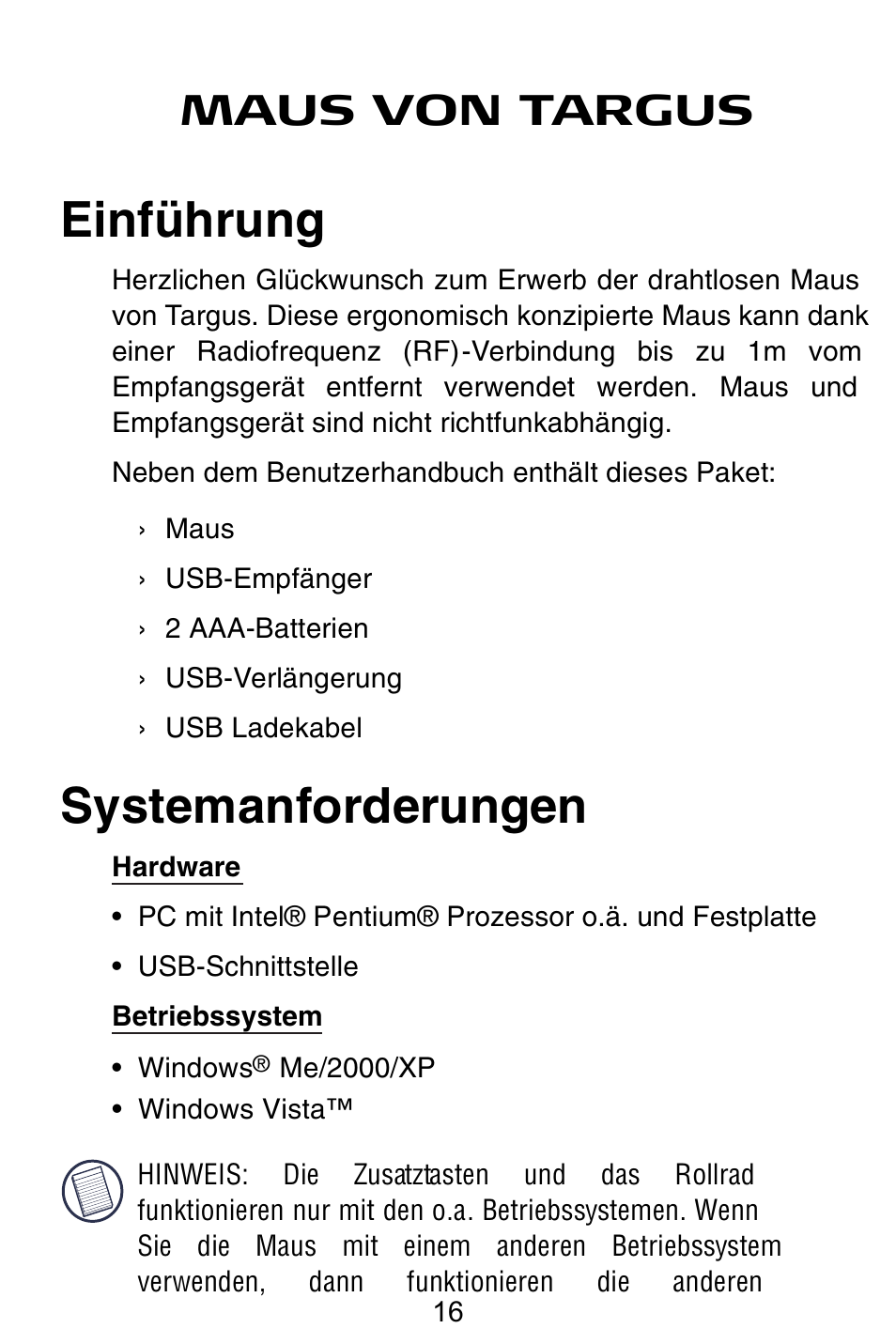 Einführung, Systemanforderungen, Maus von targus | Targus Rechargeable 5-Button Wireless Mouse User Manual | Page 16 / 99