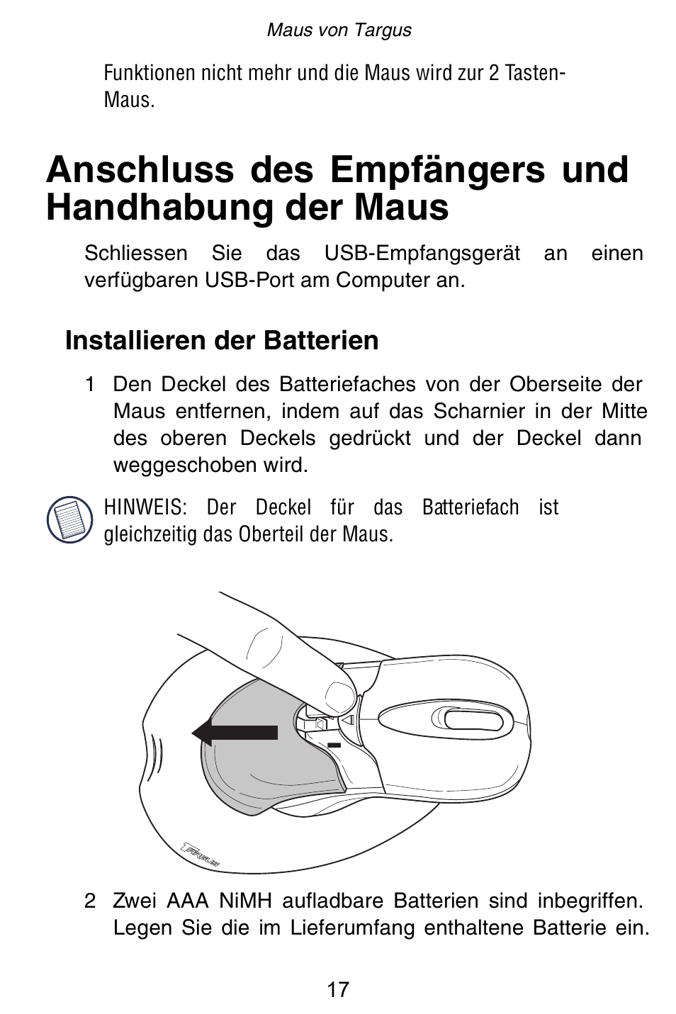 Anschluss des empfängers und handhabung der maus | Targus Rechargeable 5-Button Wireless Mouse User Manual | Page 17 / 99