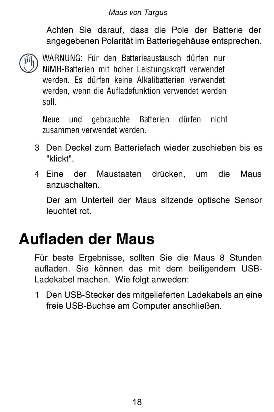 Aufladen der maus | Targus Rechargeable 5-Button Wireless Mouse User Manual | Page 18 / 99