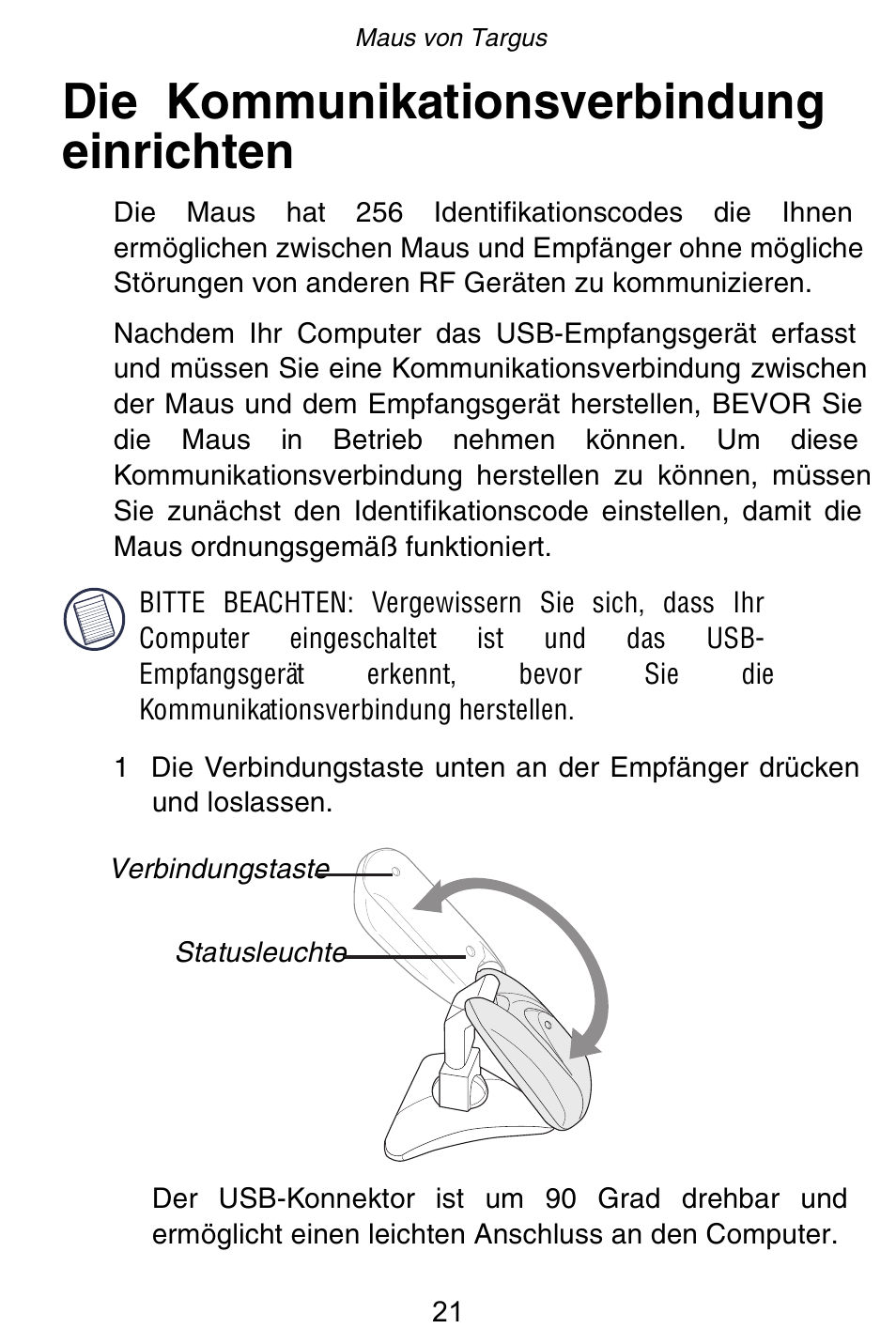 Die kommunikationsverbindung einrichten | Targus Rechargeable 5-Button Wireless Mouse User Manual | Page 21 / 99