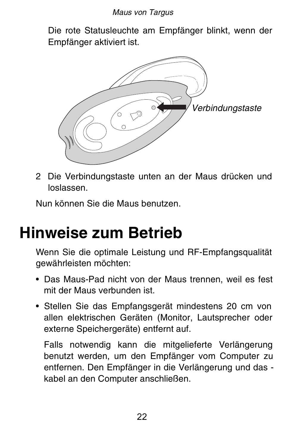 Hinweise zum betrieb | Targus Rechargeable 5-Button Wireless Mouse User Manual | Page 22 / 99