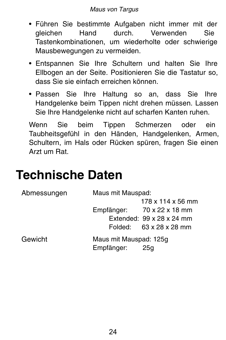 Technische daten | Targus Rechargeable 5-Button Wireless Mouse User Manual | Page 24 / 99