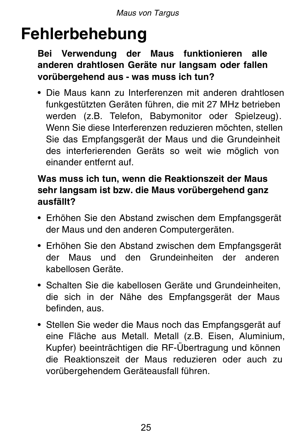 Fehlerbehebung | Targus Rechargeable 5-Button Wireless Mouse User Manual | Page 25 / 99