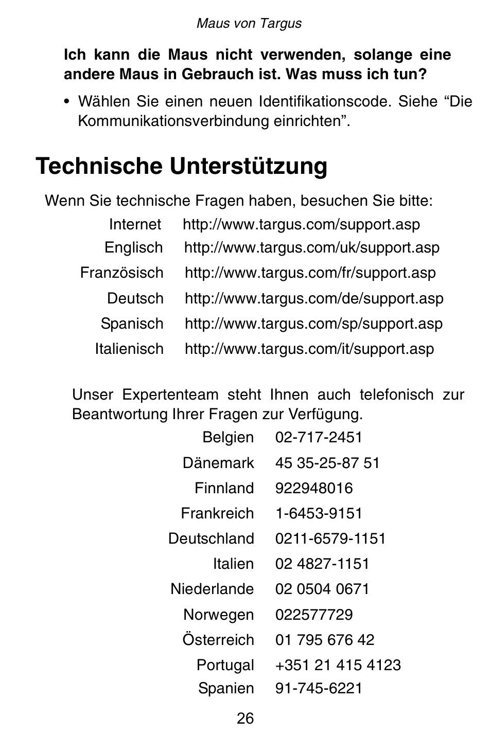 Technische unterstützung | Targus Rechargeable 5-Button Wireless Mouse User Manual | Page 26 / 99