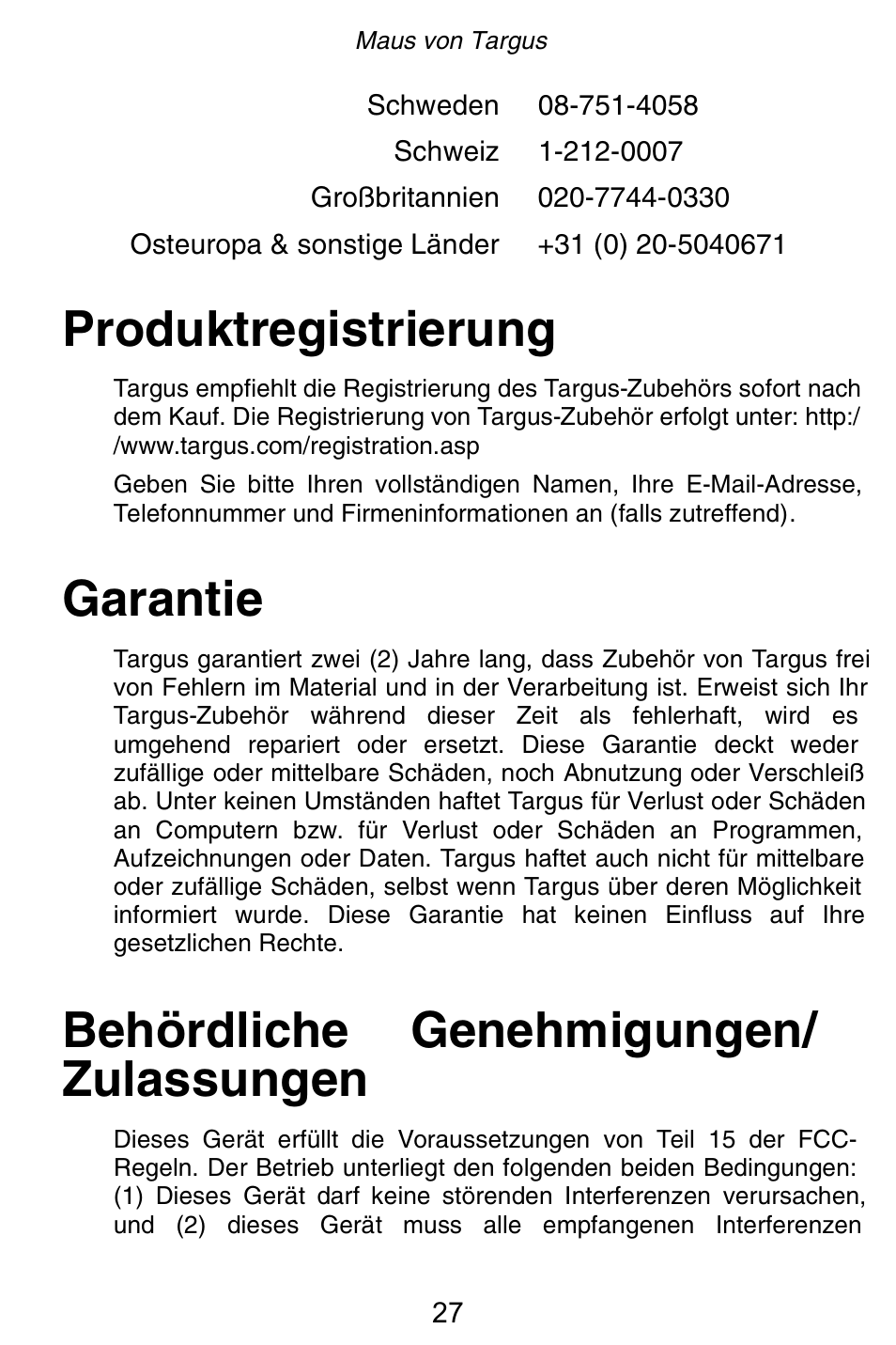 Produktregistrierung, Garantie, Behördliche genehmigungen/ zulassungen | Targus Rechargeable 5-Button Wireless Mouse User Manual | Page 27 / 99