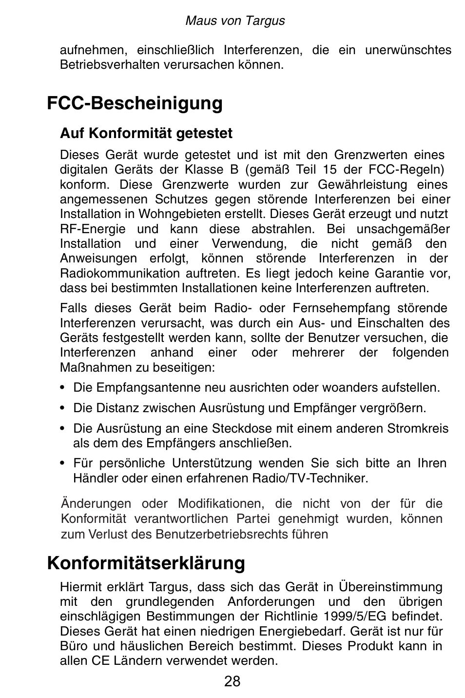 Fcc-bescheinigung, Konformitätserklärung | Targus Rechargeable 5-Button Wireless Mouse User Manual | Page 28 / 99