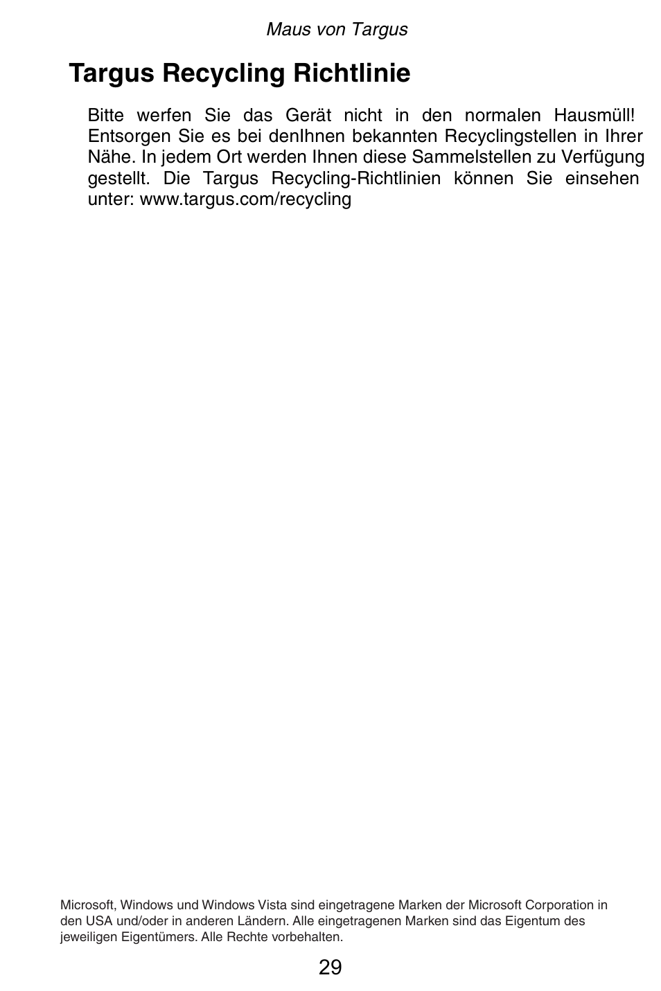 Targus recycling richtlinie | Targus Rechargeable 5-Button Wireless Mouse User Manual | Page 29 / 99