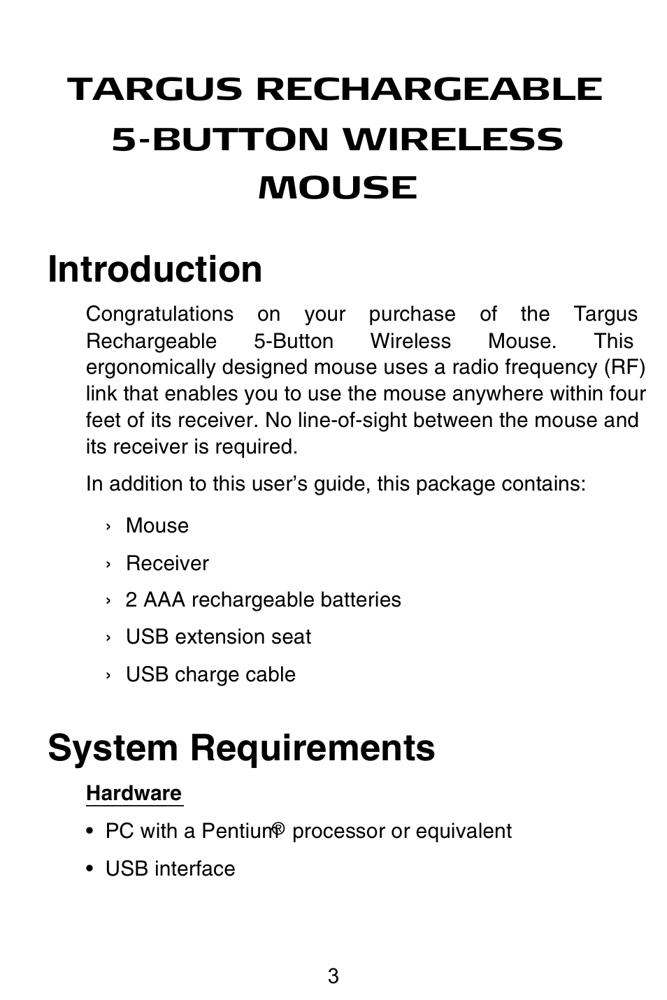 Introduction, System requirements, Targus rechargeable 5-button wireless mouse | Targus Rechargeable 5-Button Wireless Mouse User Manual | Page 3 / 99