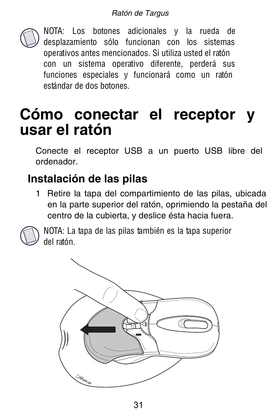 Cómo conectar el receptor y usar el ratón | Targus Rechargeable 5-Button Wireless Mouse User Manual | Page 31 / 99