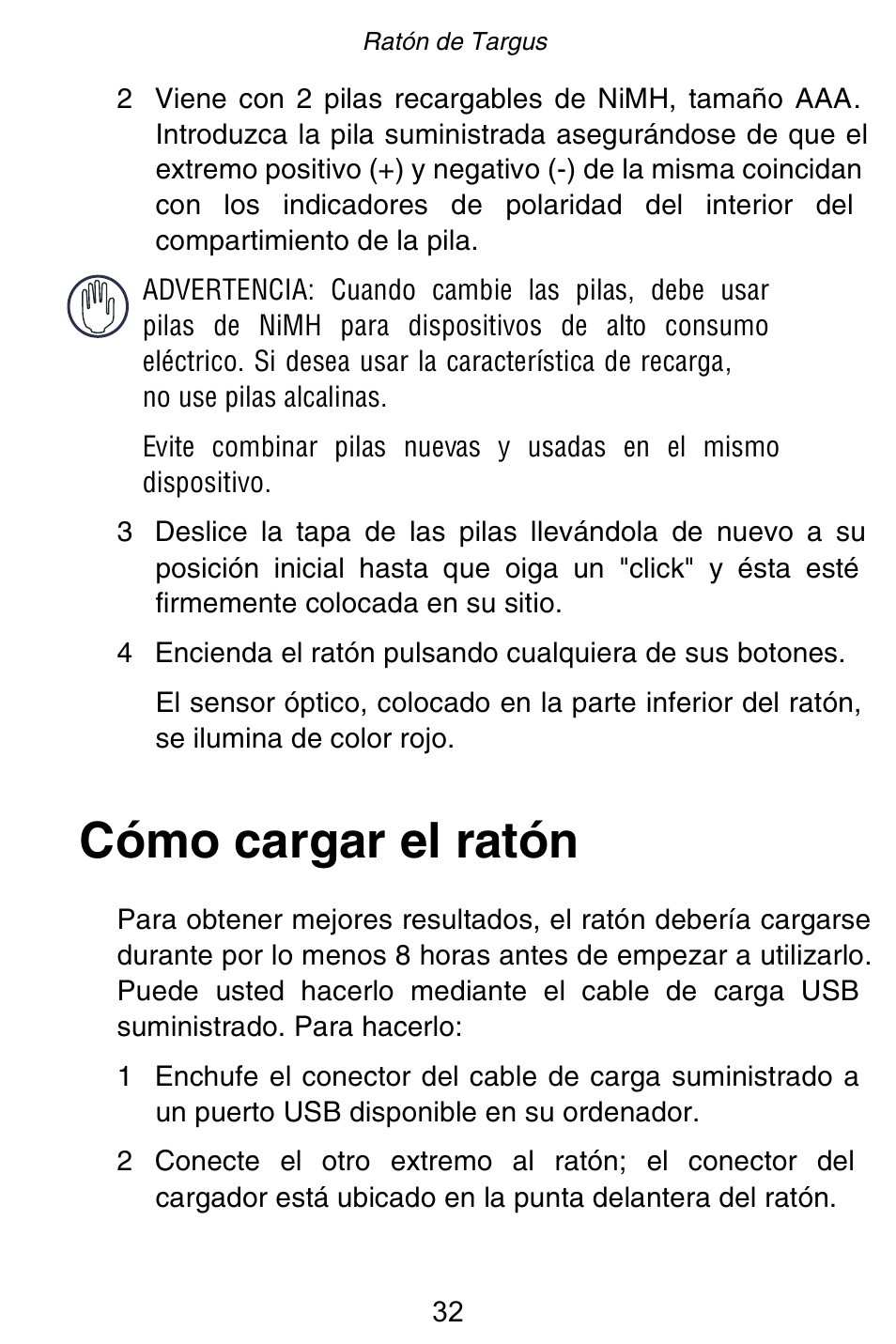 Cómo cargar el ratón | Targus Rechargeable 5-Button Wireless Mouse User Manual | Page 32 / 99