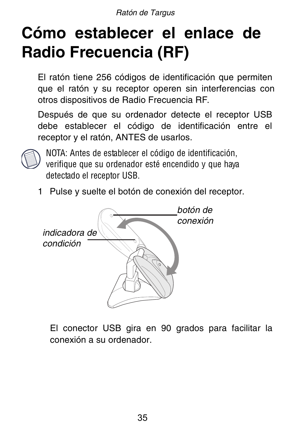 Cómo establecer el enlace de radio frecuencia (rf) | Targus Rechargeable 5-Button Wireless Mouse User Manual | Page 35 / 99