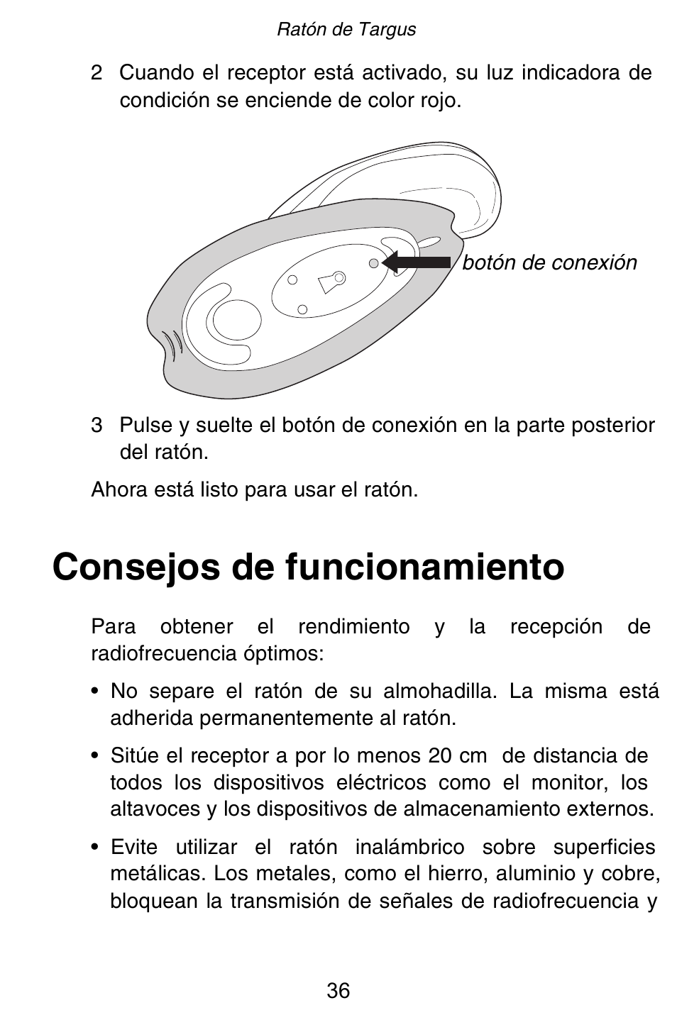 Consejos de funcionamiento | Targus Rechargeable 5-Button Wireless Mouse User Manual | Page 36 / 99