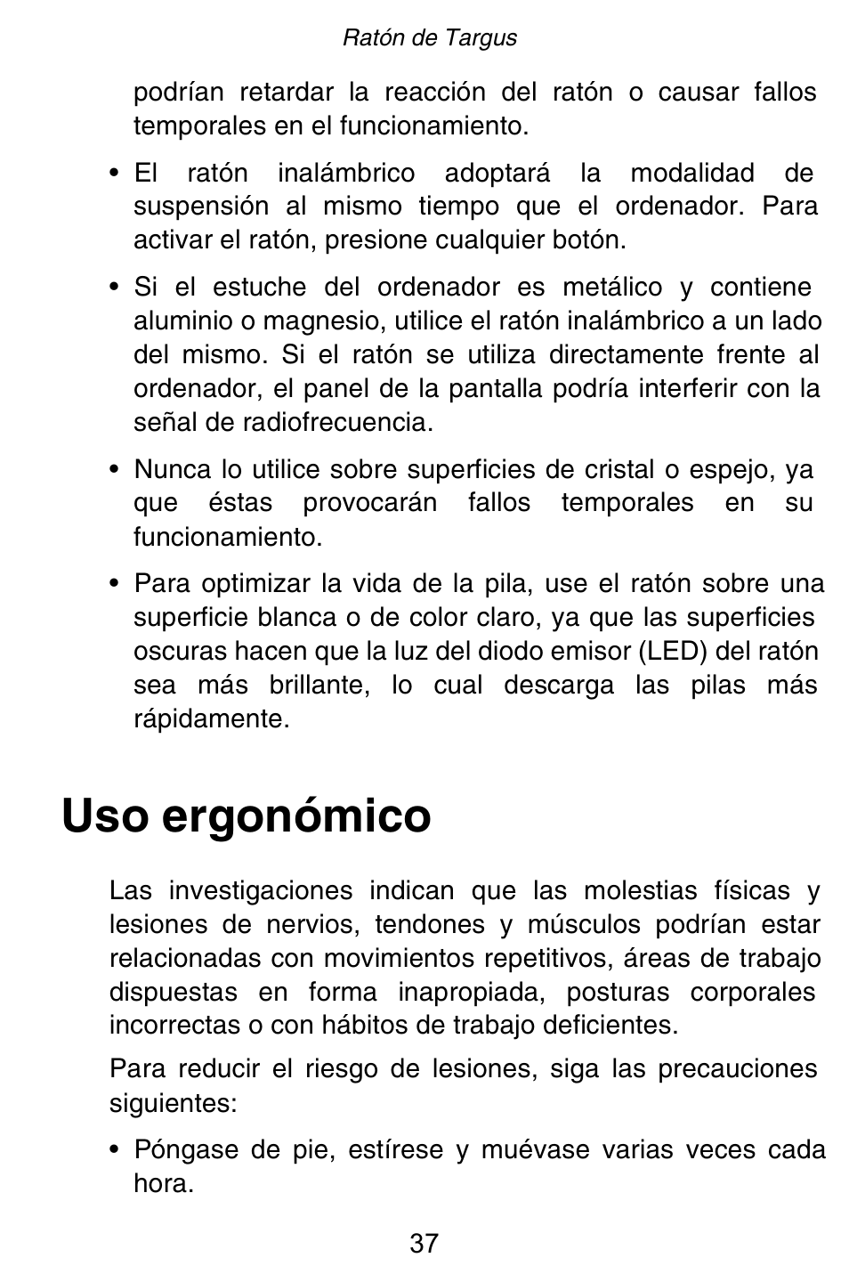 Uso ergonómico | Targus Rechargeable 5-Button Wireless Mouse User Manual | Page 37 / 99
