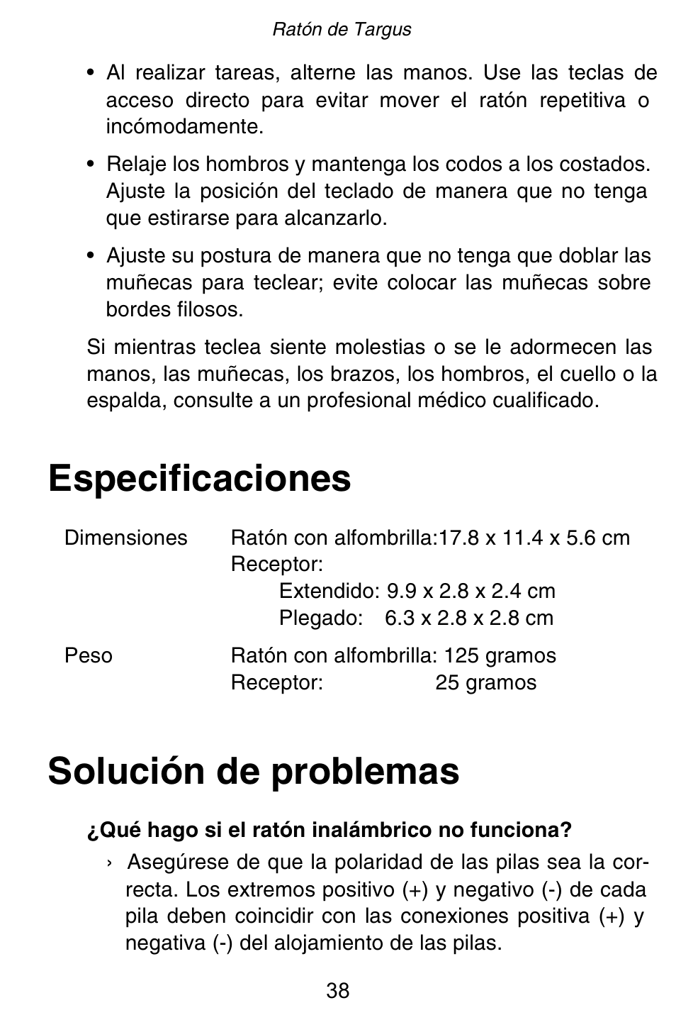 Especificaciones solución de problemas | Targus Rechargeable 5-Button Wireless Mouse User Manual | Page 38 / 99