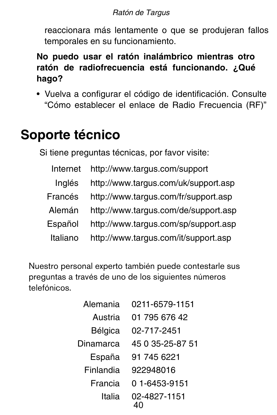 Soporte técnico | Targus Rechargeable 5-Button Wireless Mouse User Manual | Page 40 / 99