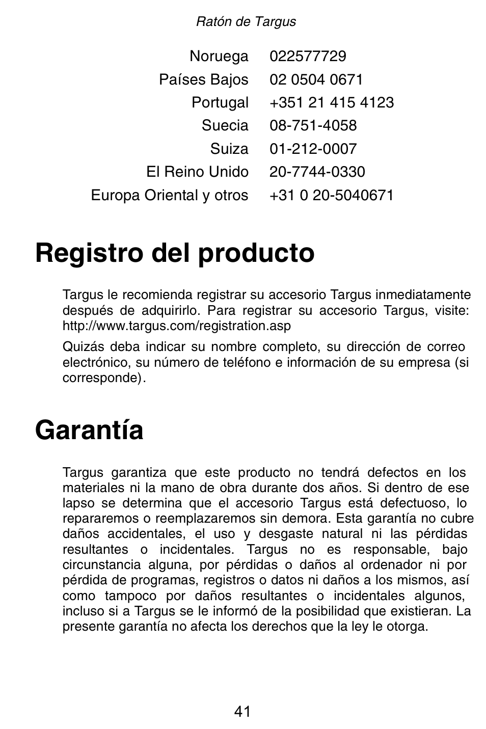 Registro del producto, Garantía | Targus Rechargeable 5-Button Wireless Mouse User Manual | Page 41 / 99
