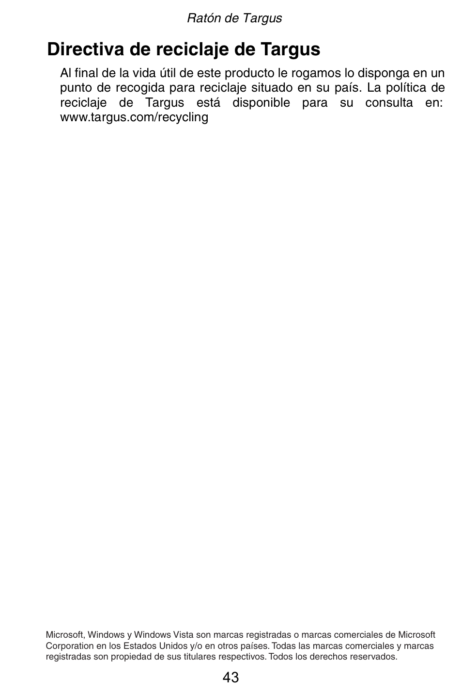 Directiva de reciclaje de targus | Targus Rechargeable 5-Button Wireless Mouse User Manual | Page 43 / 99