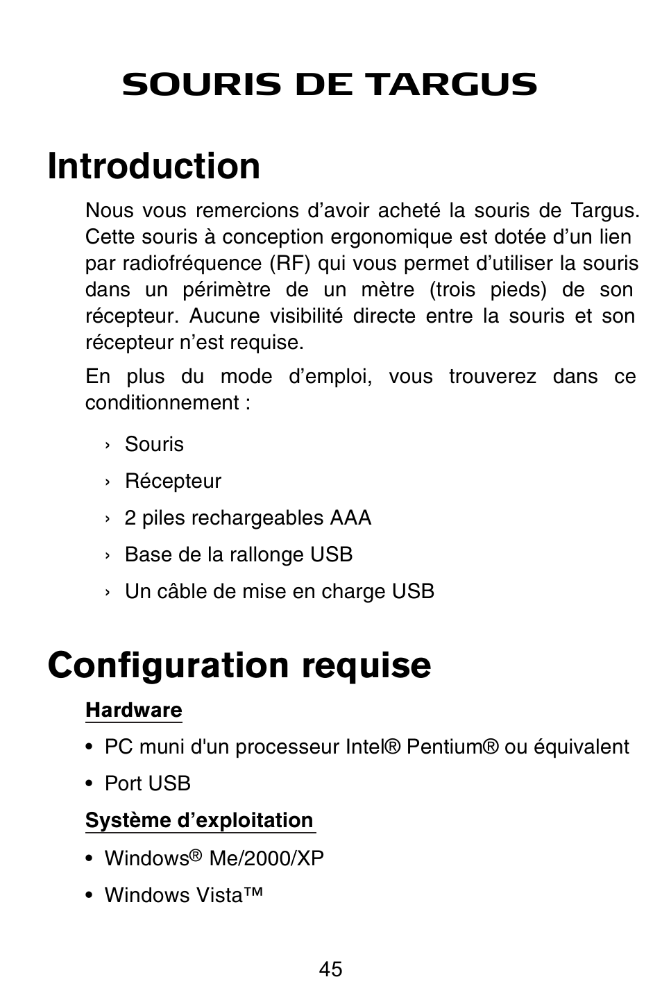 Introduction, Configuration requise, Souris de targus | Targus Rechargeable 5-Button Wireless Mouse User Manual | Page 45 / 99