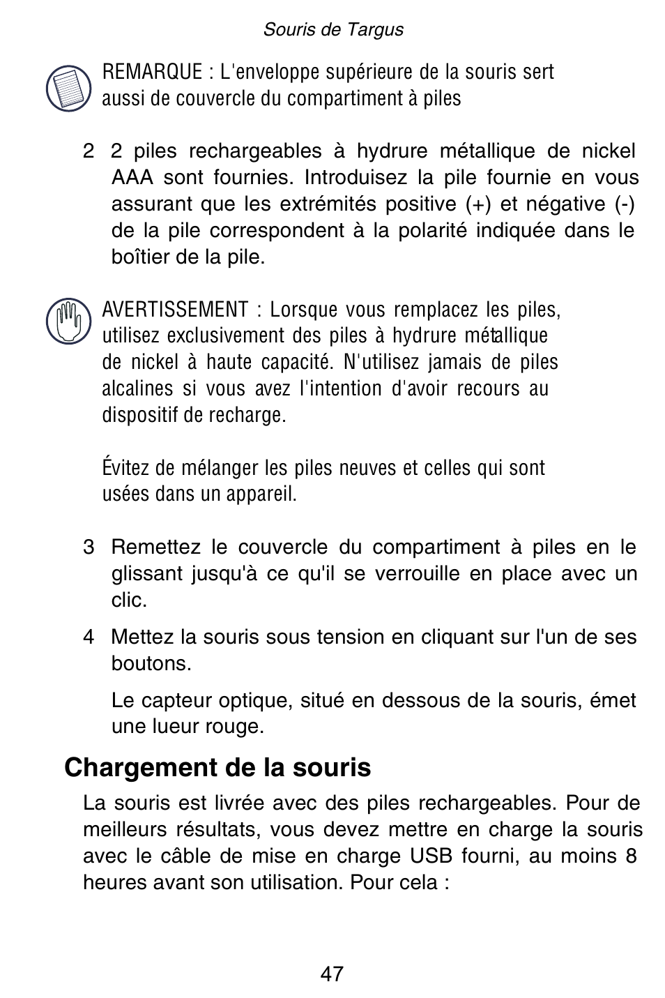 Chargement de la souris | Targus Rechargeable 5-Button Wireless Mouse User Manual | Page 47 / 99