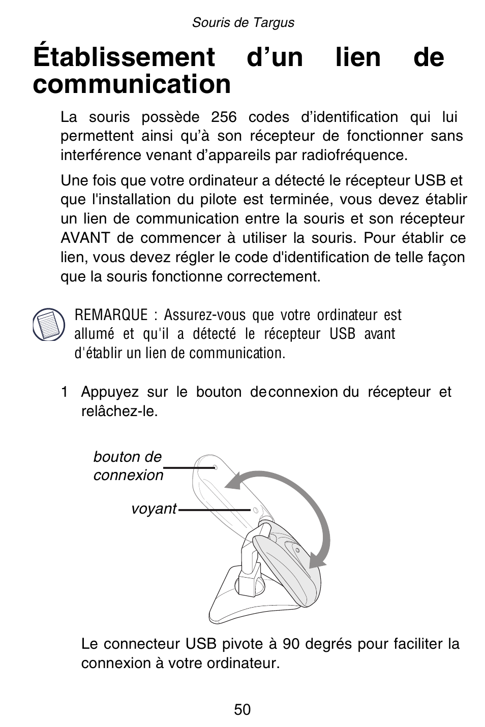 Établissement d’un lien de communication | Targus Rechargeable 5-Button Wireless Mouse User Manual | Page 50 / 99