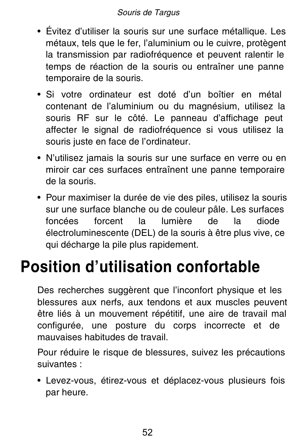 Position d’utilisation confortable | Targus Rechargeable 5-Button Wireless Mouse User Manual | Page 52 / 99