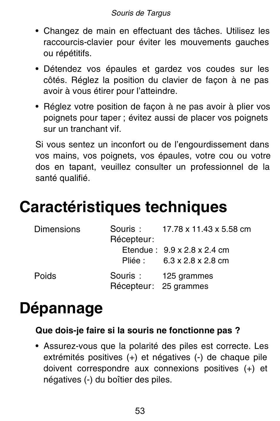 Caractéristiques techniques dépannage | Targus Rechargeable 5-Button Wireless Mouse User Manual | Page 53 / 99