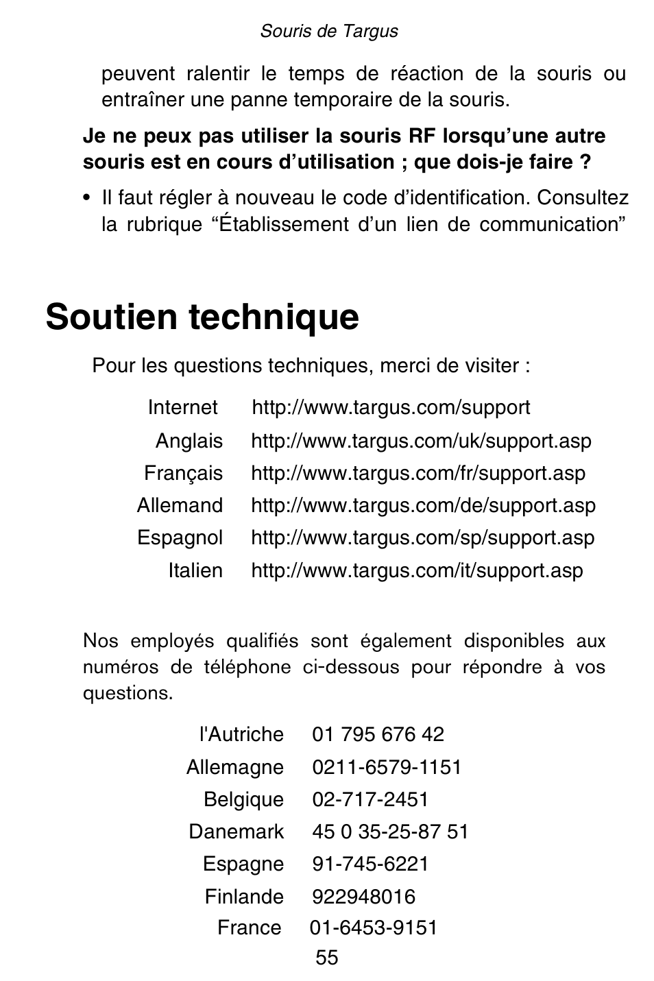 Soutien technique | Targus Rechargeable 5-Button Wireless Mouse User Manual | Page 55 / 99
