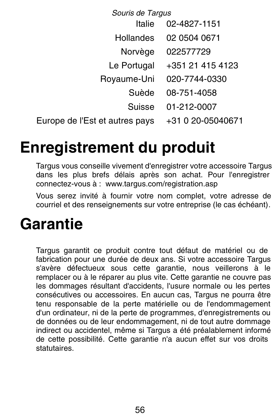 Enregistrement du produit, Garantie | Targus Rechargeable 5-Button Wireless Mouse User Manual | Page 56 / 99