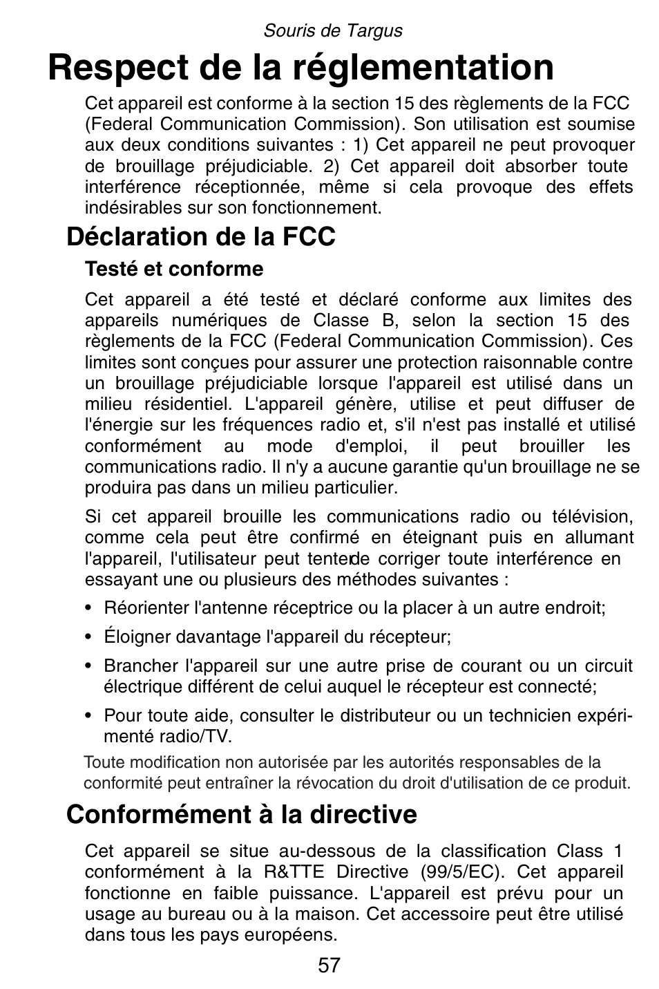 Respect de la réglementation, Déclaration de la fcc, Conformément à la directive | Targus Rechargeable 5-Button Wireless Mouse User Manual | Page 57 / 99