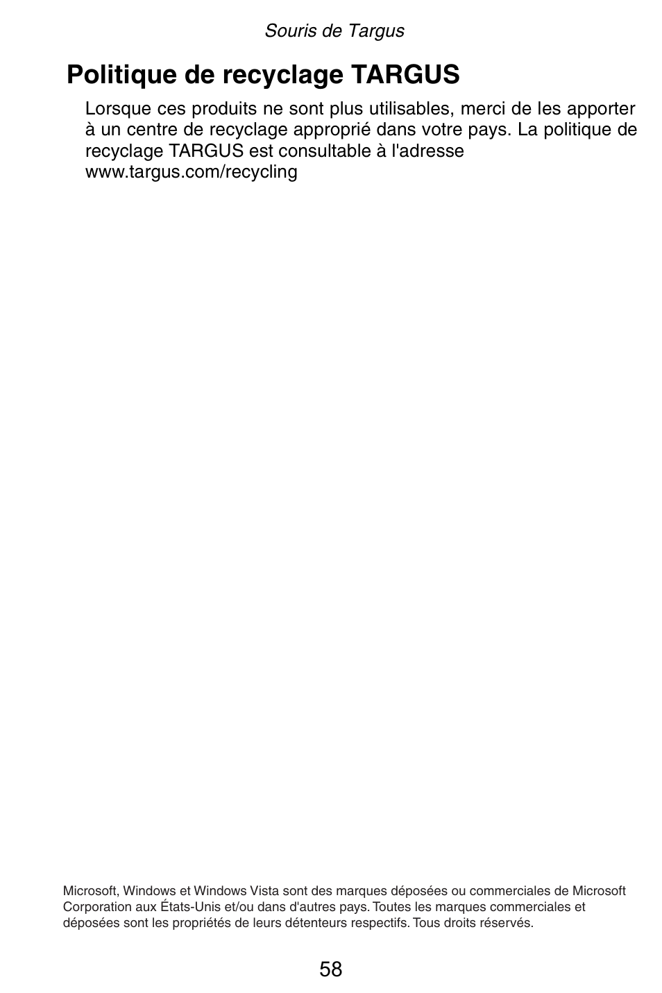 Politique de recyclage targus | Targus Rechargeable 5-Button Wireless Mouse User Manual | Page 58 / 99