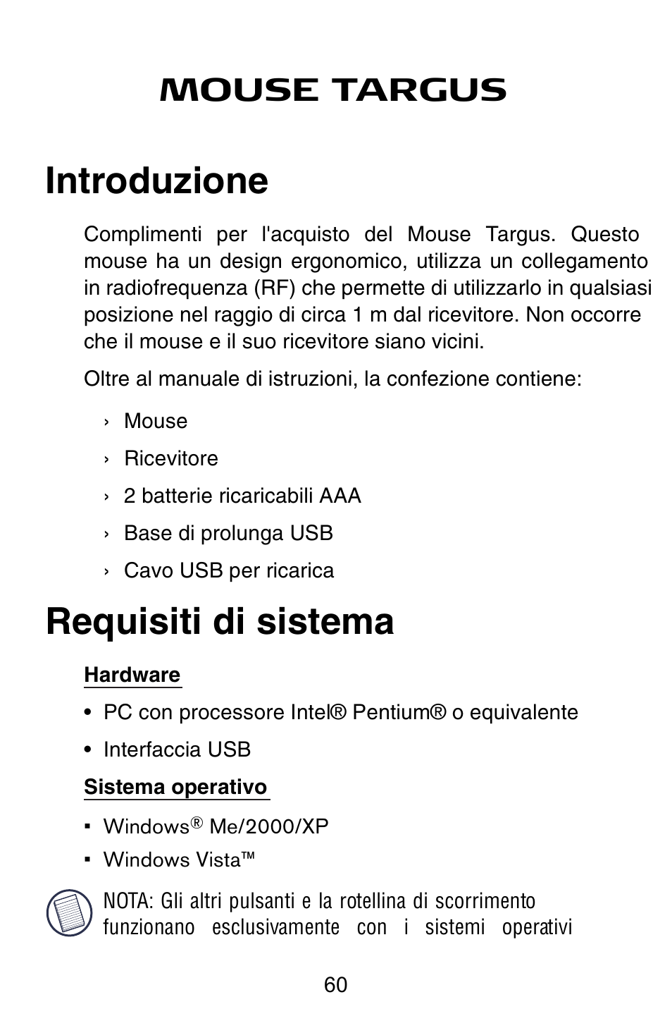 Introduzione, Requisiti di sistema, Mouse targus | Targus Rechargeable 5-Button Wireless Mouse User Manual | Page 60 / 99