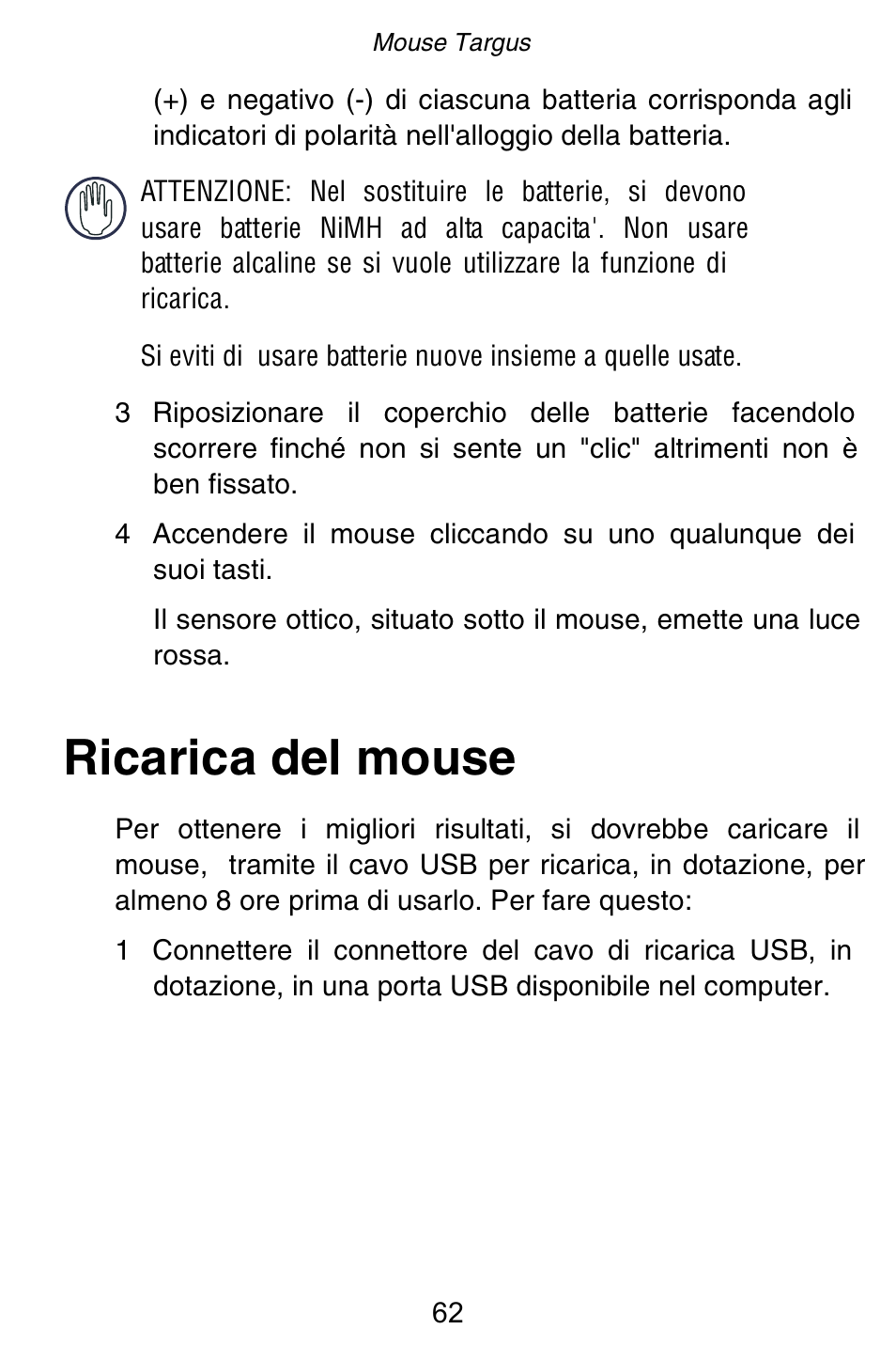 Ricarica del mouse | Targus Rechargeable 5-Button Wireless Mouse User Manual | Page 62 / 99