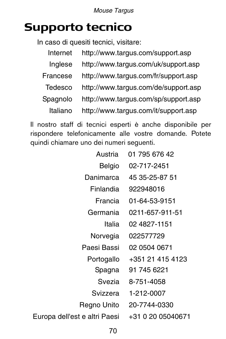 Supporto tecnico | Targus Rechargeable 5-Button Wireless Mouse User Manual | Page 70 / 99