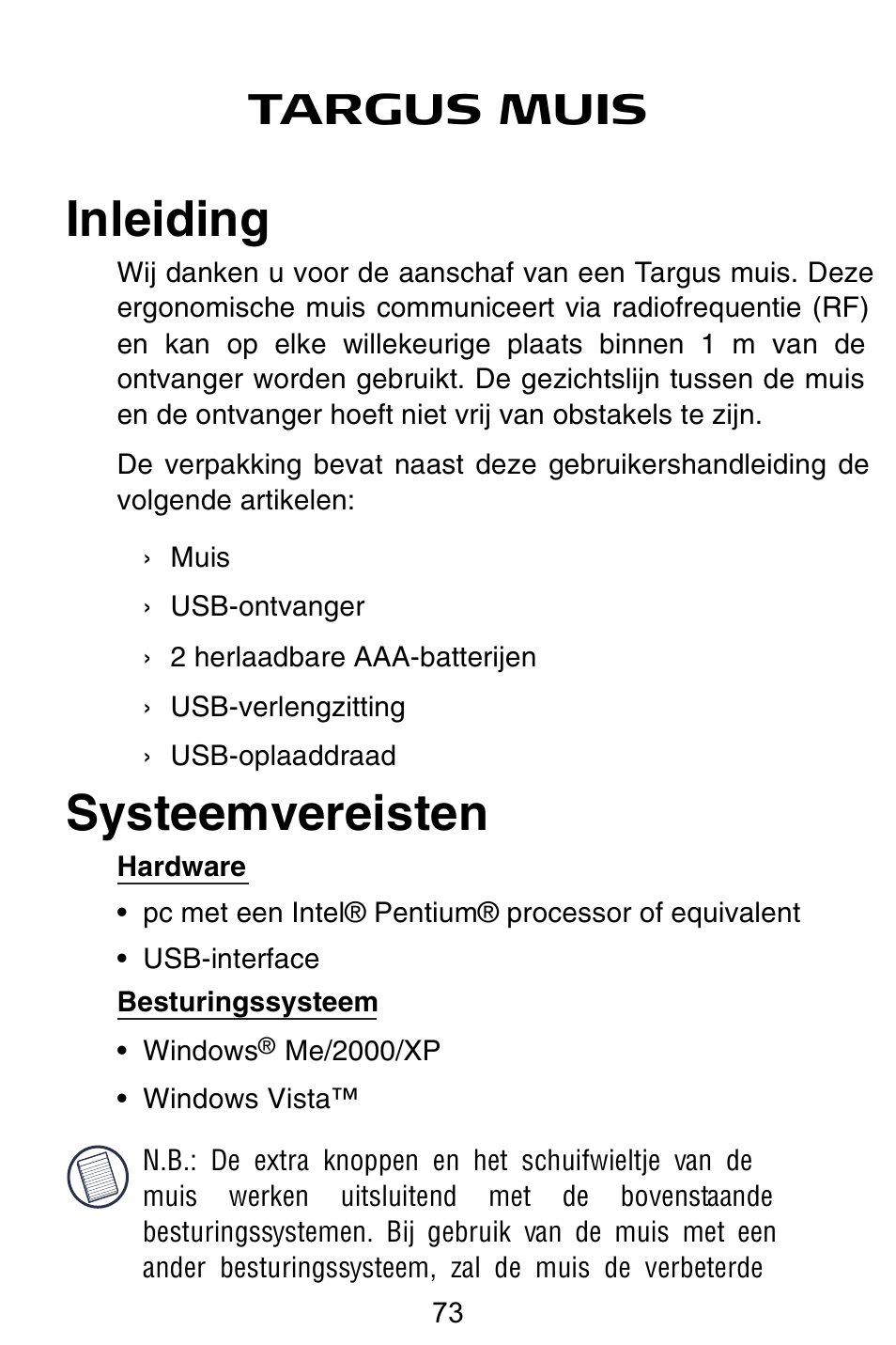 Inleiding, Systeemvereisten, Targus muis | Targus Rechargeable 5-Button Wireless Mouse User Manual | Page 73 / 99