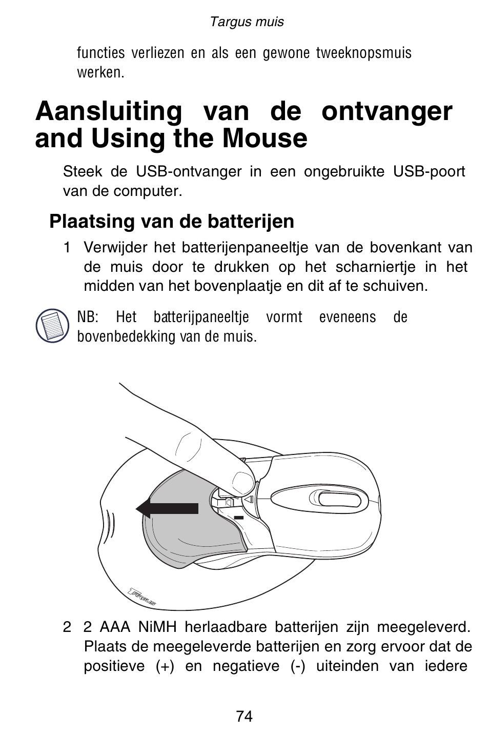 Aansluiting van de ontvanger and using the mouse | Targus Rechargeable 5-Button Wireless Mouse User Manual | Page 74 / 99