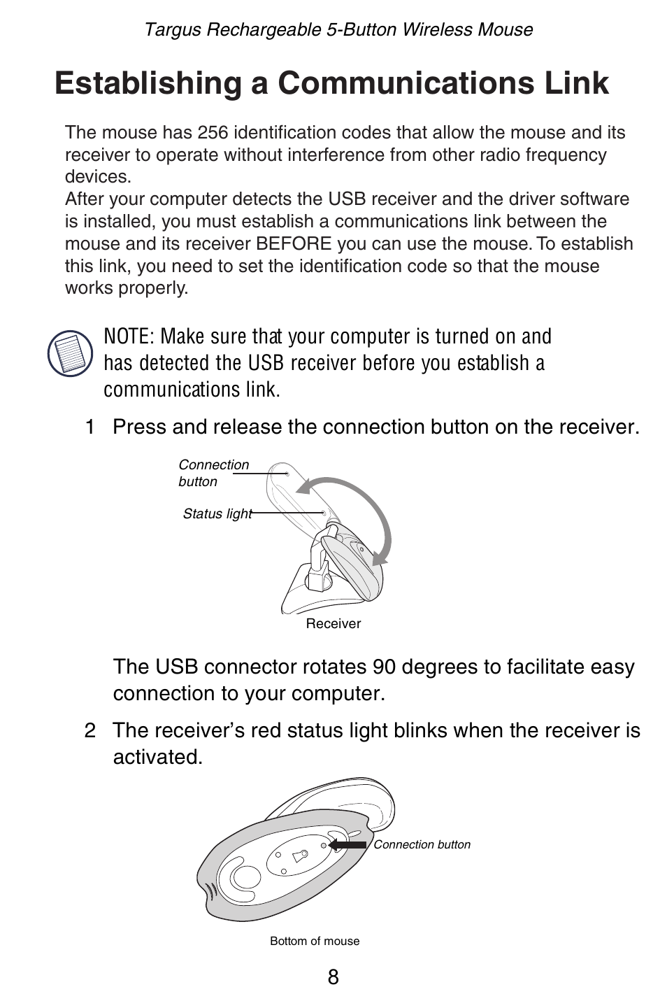 Establishing a communications link | Targus Rechargeable 5-Button Wireless Mouse User Manual | Page 8 / 99