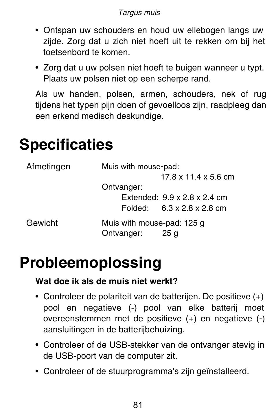 Specificaties probleemoplossing | Targus Rechargeable 5-Button Wireless Mouse User Manual | Page 81 / 99