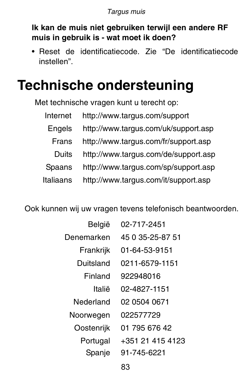 Technische ondersteuning | Targus Rechargeable 5-Button Wireless Mouse User Manual | Page 83 / 99