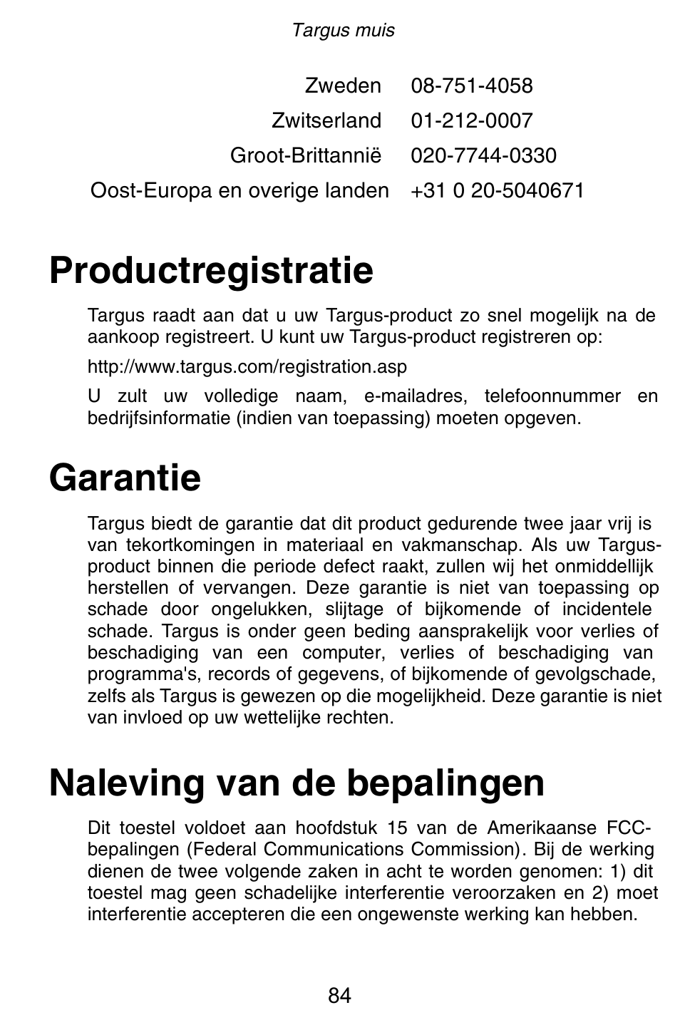 Productregistratie, Garantie, Naleving van de bepalingen | Targus Rechargeable 5-Button Wireless Mouse User Manual | Page 84 / 99