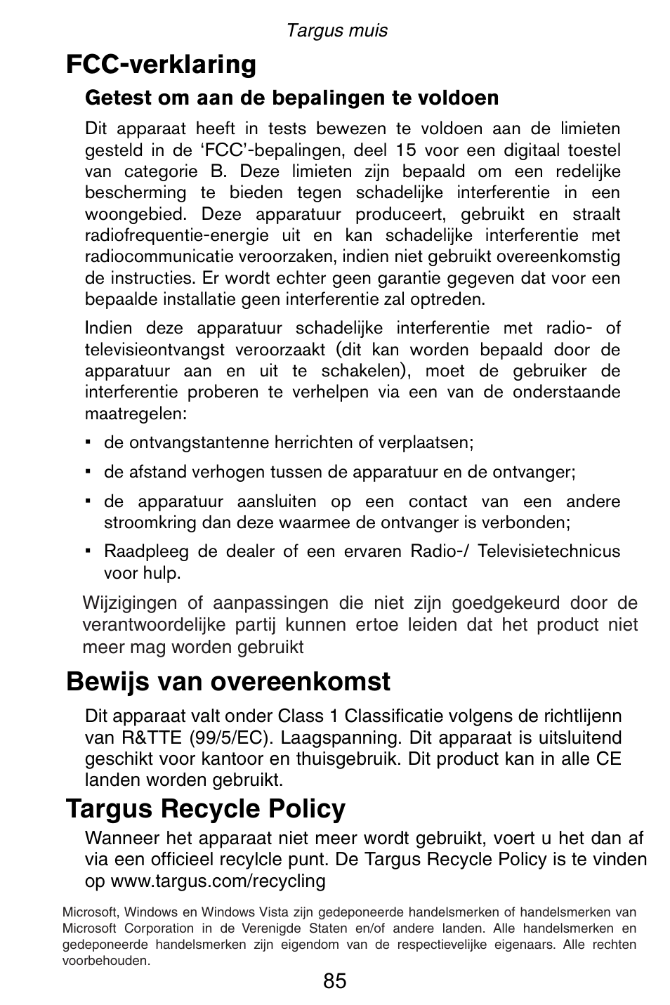 Fcc-verklaring, Bewijs van overeenkomst targus recycle policy | Targus Rechargeable 5-Button Wireless Mouse User Manual | Page 85 / 99
