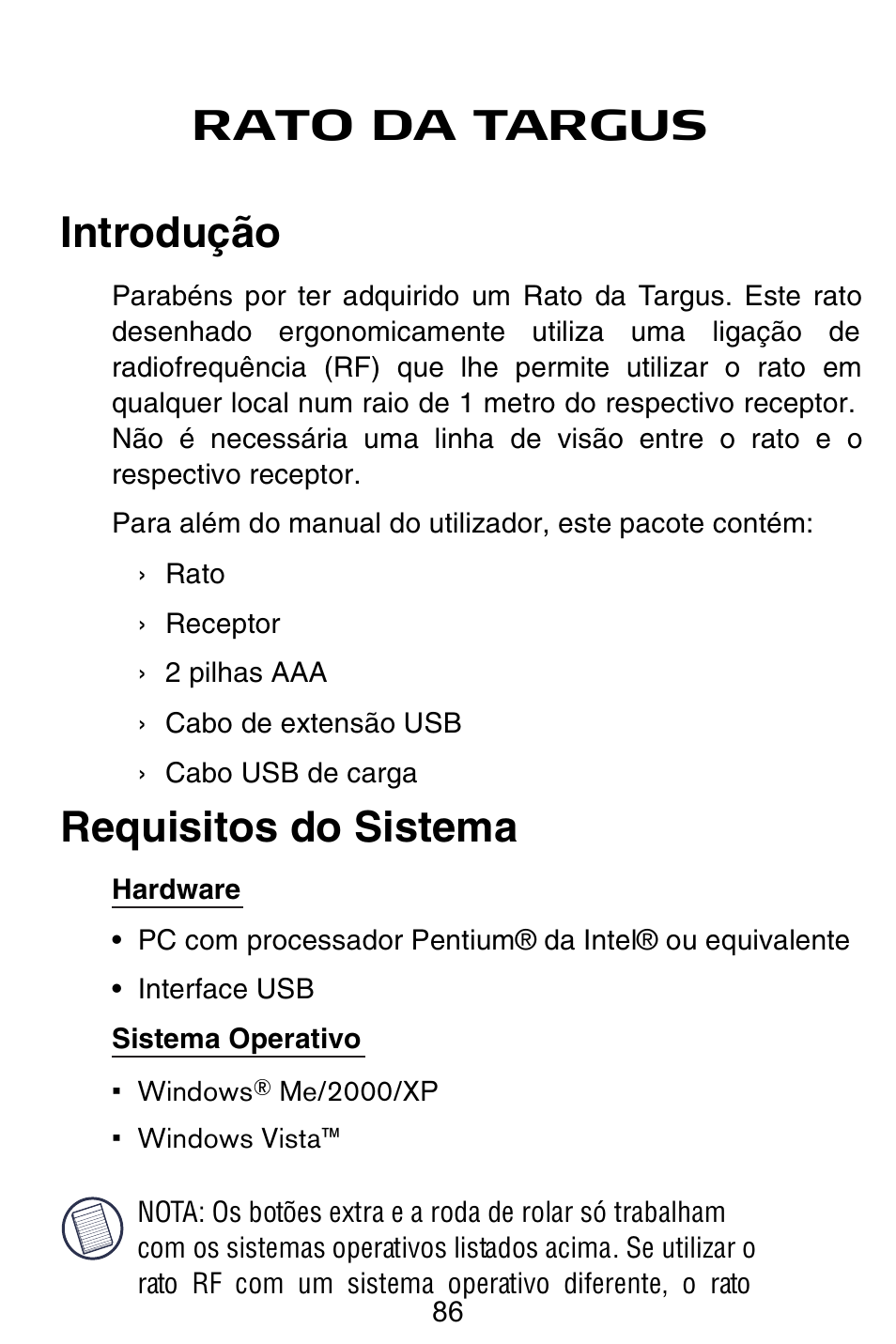 Rato da targus introdução, Requisitos do sistema | Targus Rechargeable 5-Button Wireless Mouse User Manual | Page 86 / 99