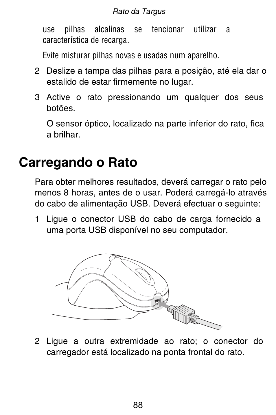 Carregando o rato | Targus Rechargeable 5-Button Wireless Mouse User Manual | Page 88 / 99