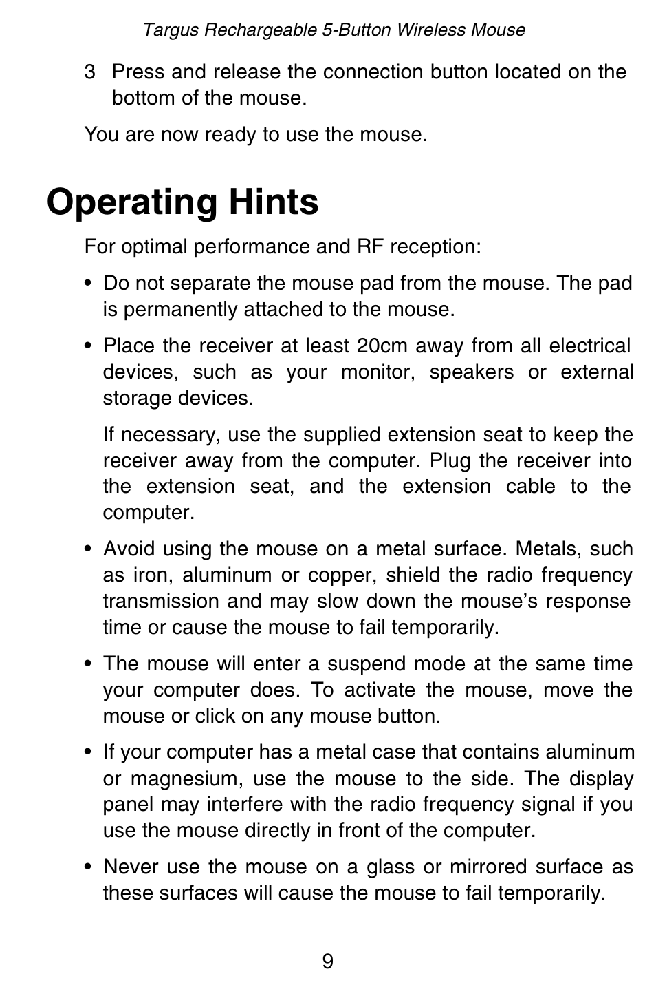 Operating hints | Targus Rechargeable 5-Button Wireless Mouse User Manual | Page 9 / 99