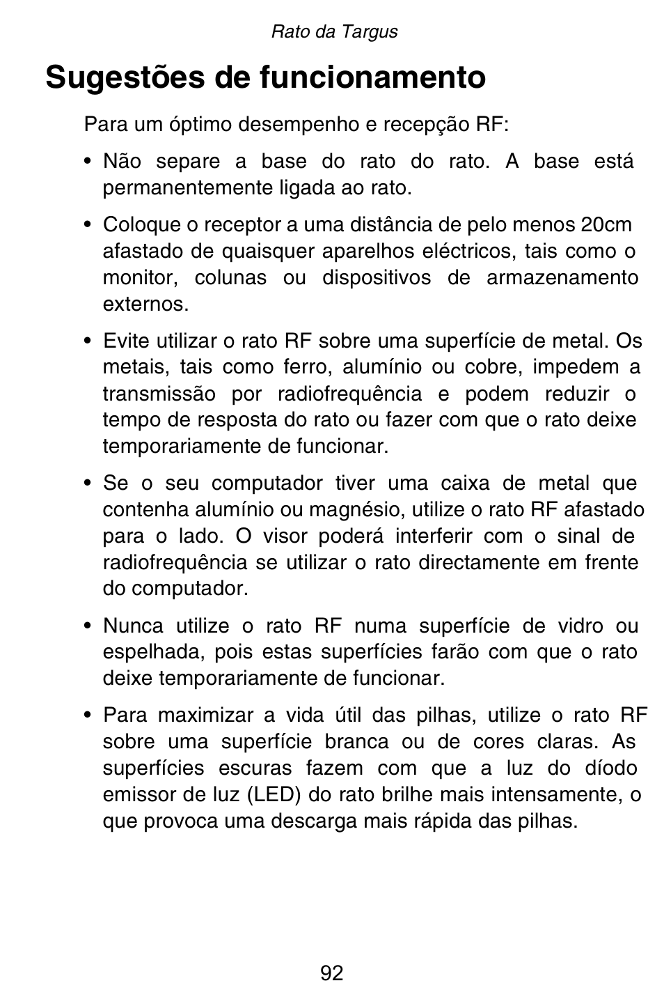 Sugestões de funcionamento | Targus Rechargeable 5-Button Wireless Mouse User Manual | Page 92 / 99