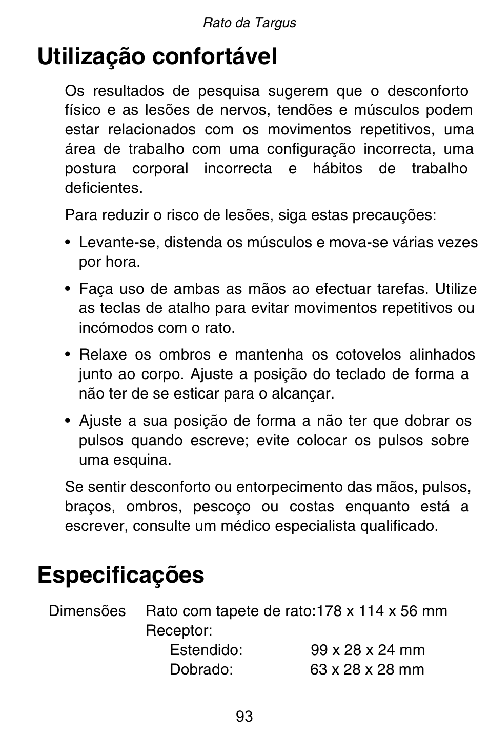 Utilização confortável, Especificações | Targus Rechargeable 5-Button Wireless Mouse User Manual | Page 93 / 99