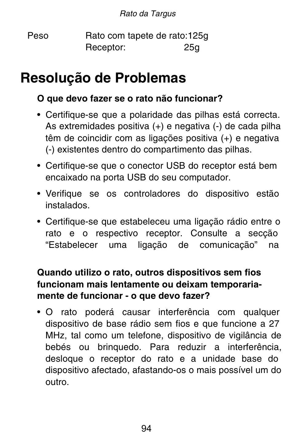 Resolução de problemas | Targus Rechargeable 5-Button Wireless Mouse User Manual | Page 94 / 99